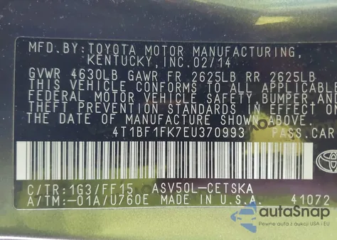 2014 Toyota Camry Se z USA, uszkodzony, nr VIN 4T1BF1FK7EU370993